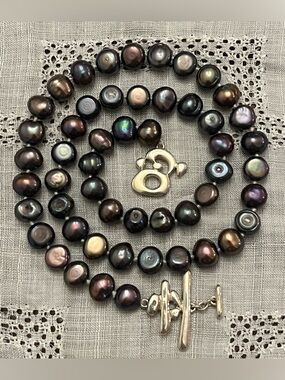 MFA Museum Of Fine Art 925 Sterling Silver Peacock Pearl Necklace Knotted 19”USA